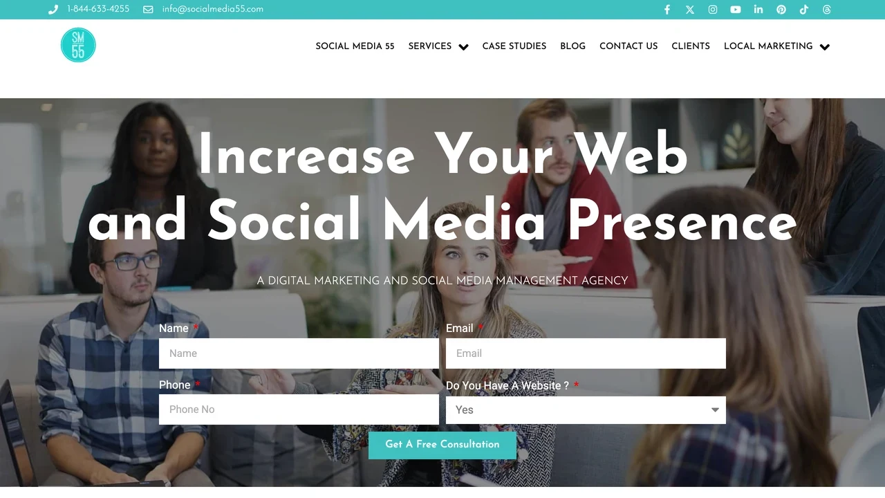 Screenshot of Social Media 55 website